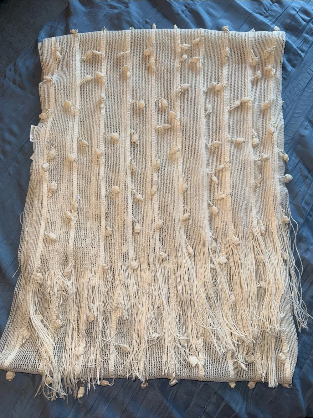 Cream Fringe Knit Scarf with Tassel Accents